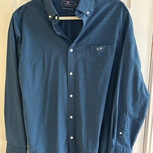 Vineyard Vines Men's Performance Navy/Green Plaid Button-Down Shirt